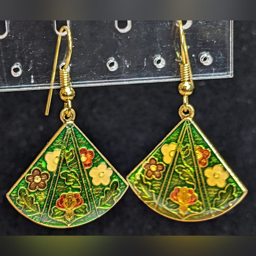 Vintage Green Cloisonne Fan Earrings, Wirehook Pierced, NOS NWT